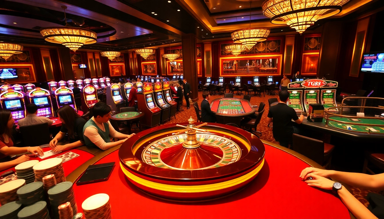 Join the excitement at TG88 casino with players at roulette and card tables, betting chips in hand.