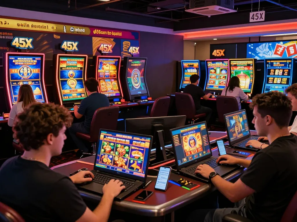 Players experiencing the excitement of 45X online casino, engaging with colorful slot games and promotions.