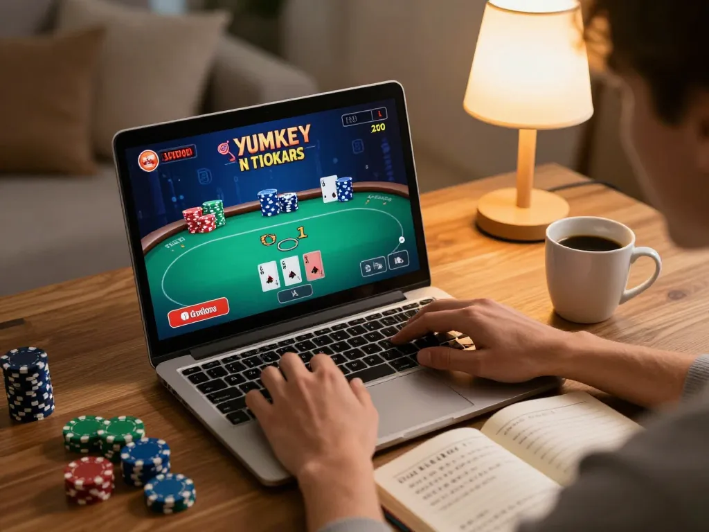 Engaging online poker gameplay on laptop showcasing mb66-t strategies in a cozy home setup.