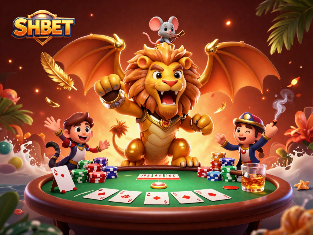 Experience triumph with SHBET at this vibrant casino scene featuring a roaring chimera and poker excitement.