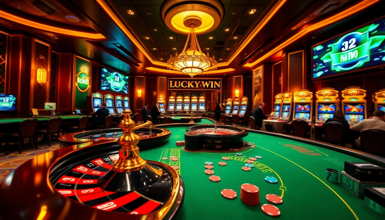LuckyWin gaming lounge with vibrant tables, poker chips, and an exciting atmosphere.