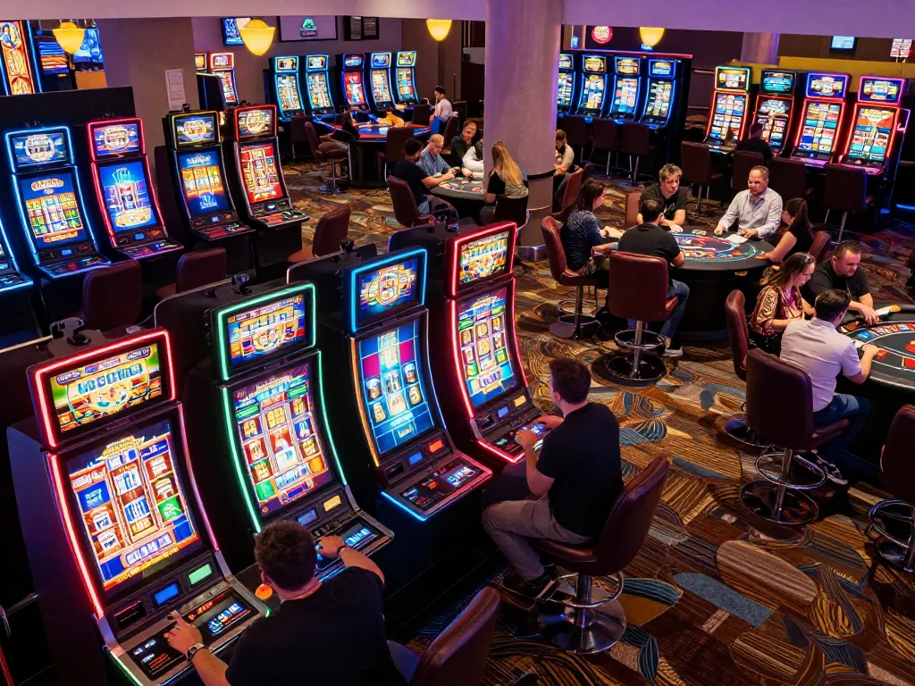 Players enjoying S666 slot machines at an exciting casino, vibrant lights and gaming action