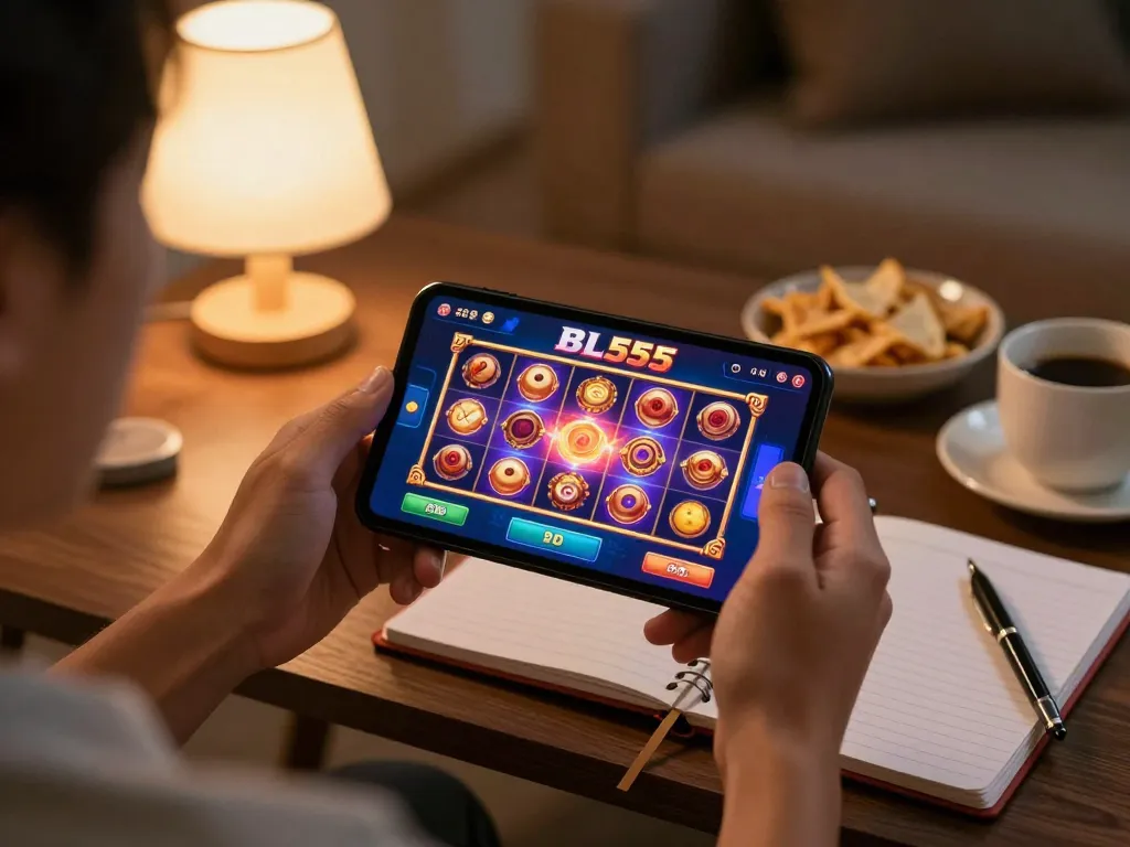 Engaged player using the BL555 mobile app for an exciting casino experience at home.