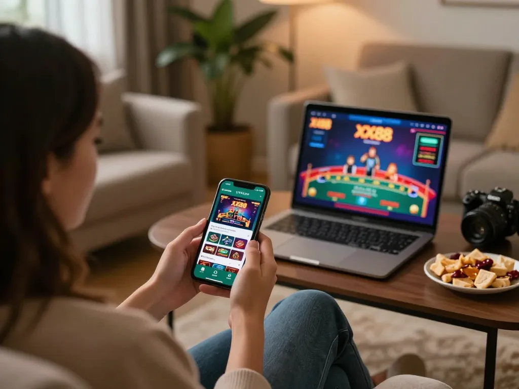 Engaging in mobile gaming on XX88, showing app interface and cozy setup.
