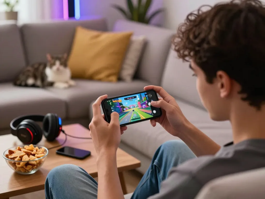 Excited player tải hitclub on smartphone in a cozy gaming setup, enjoying vibrant visuals and accessories.
