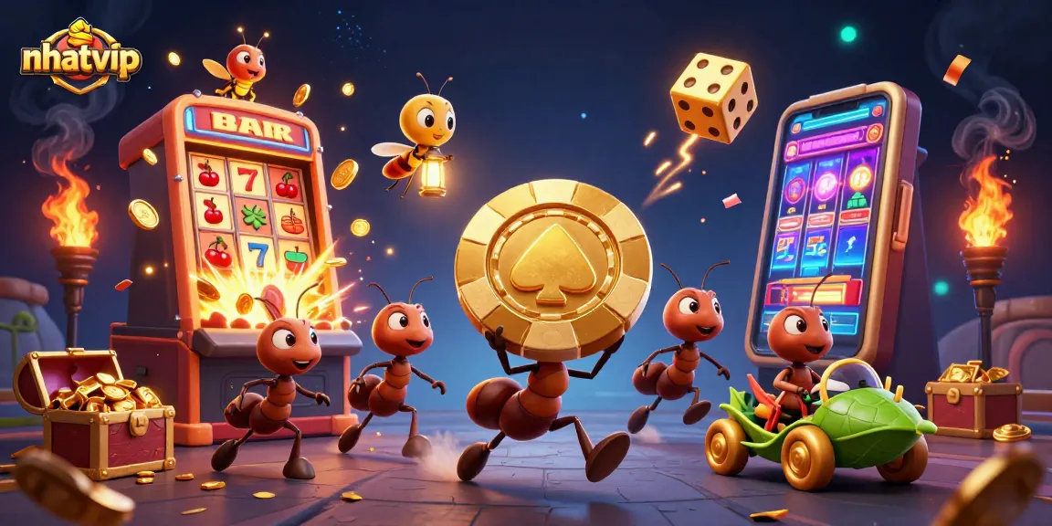 Nhatvip offers thrilling casino experiences, featuring a colorful scene with ants and rich gaming elements.