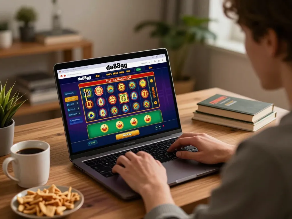 Engaging online gambling session with da88gg interface displayed on laptop, cozy home atmosphere.