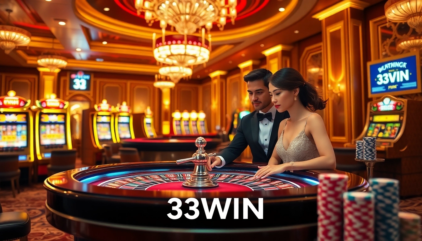 Excited gamblers enjoying a high-stakes roulette game at 33WIN casino.