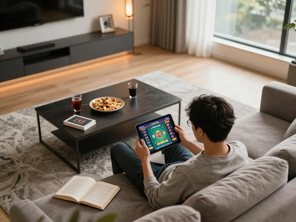 Engaging in lô đề online gaming on a tablet, showcasing a modern lifestyle setup