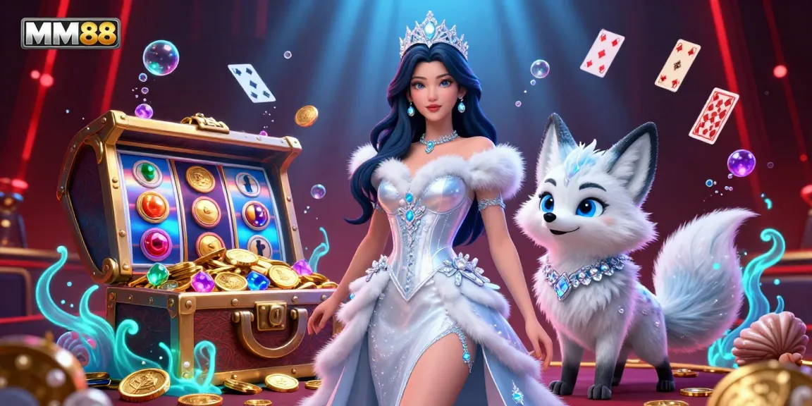 Engage with the MM88 online casino experience featuring a glamorous ice queen and her fox companion amidst sparkling treasures.