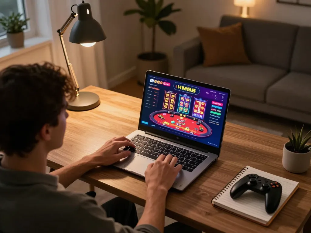 Enjoying exciting gameplay on HM88's online casino platform in a cozy home office setting