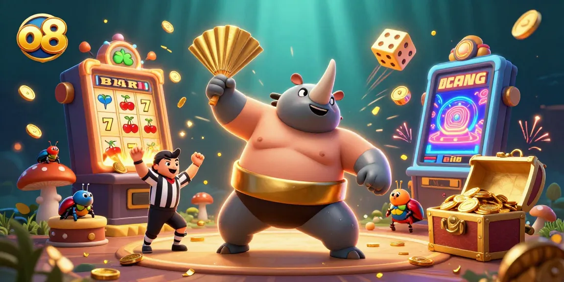 Experience the thrill of o8 with a vibrant 3D illustration showcasing a charismatic sumo champion beetle in a dynamic casino setting.