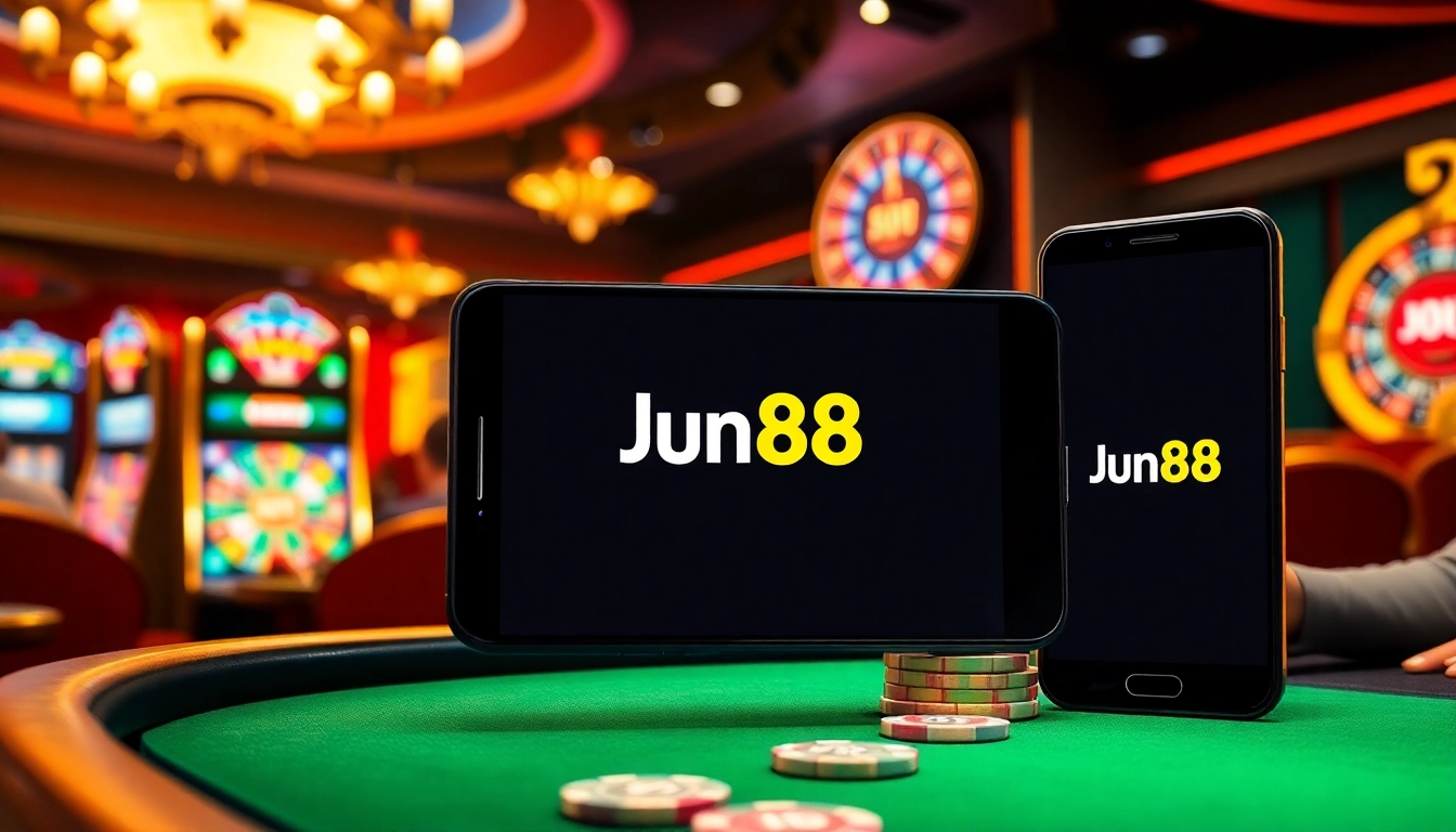 Experience excitement at https://jun88.now/ with players enjoying poker and slot machines in a vibrant casino setup.