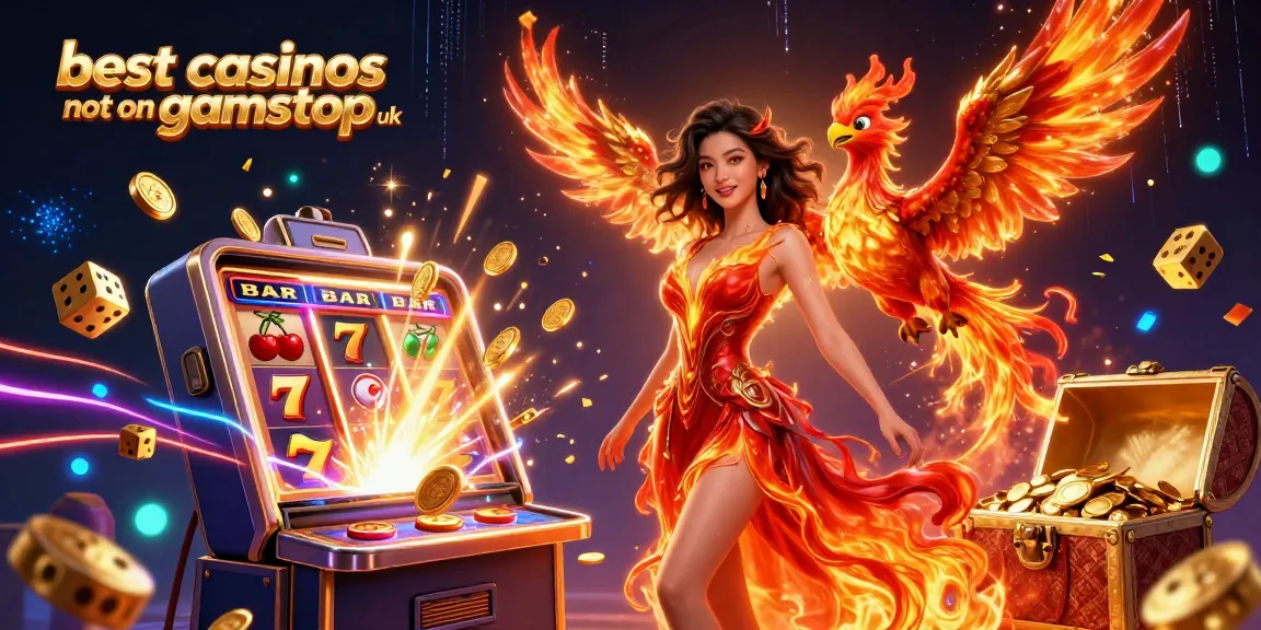Experience the excitement of the best casinos not on gamstop uk with this vibrant illustration showcasing fiery elements and jackpot winnings.