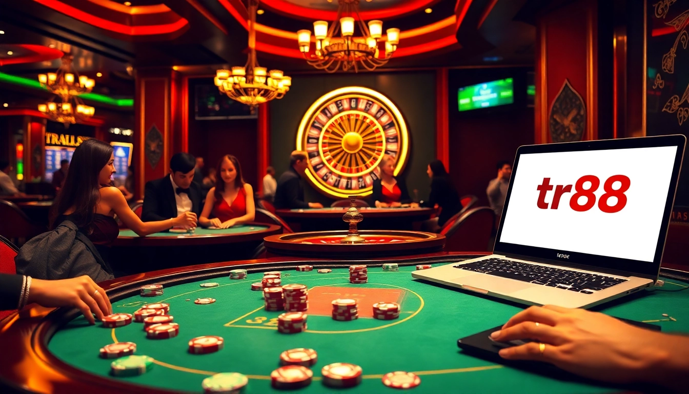 Players engaging in exciting casino games at TR88, featuring poker chips and a roulette wheel.