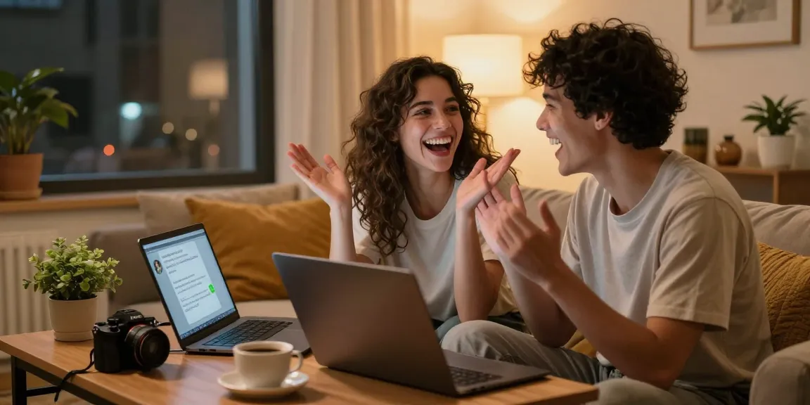 Engaging in ai sex chat, two people laughing in a cozy setting with laptops and warm lighting.