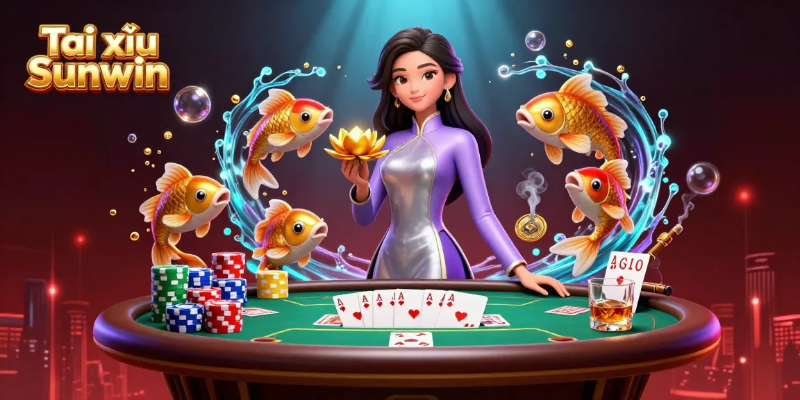 Tài xỉu Sunwin showcases a vibrant 3D scene with an elegant Asian woman and gambling elements.