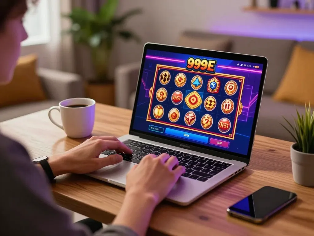 Player enjoying 999E online casino interface on a laptop in a cozy home setup.