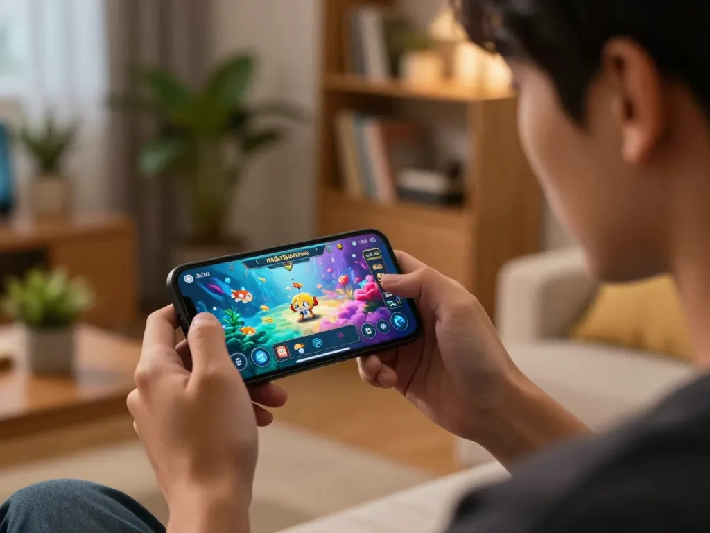 Engaging user playing game bắn cá đổi thưởng on a smartphone in a cozy home setup
