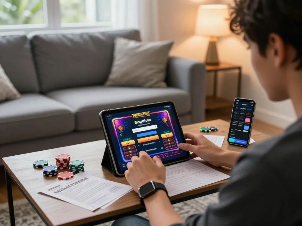 sungaitoto login interface displayed on a tablet in a cozy home setting with betting strategy notes