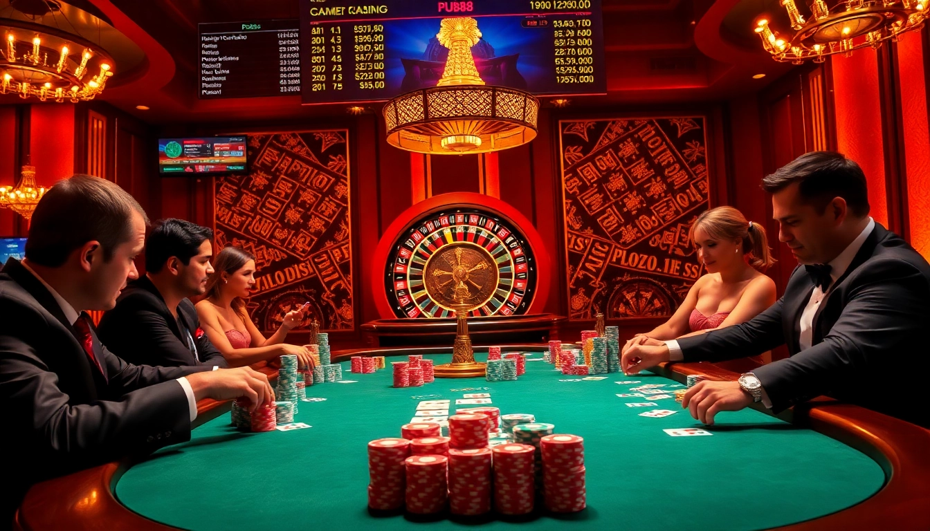 Players enjoy a thrilling poker game at PUB88, showcasing excitement and high stakes.