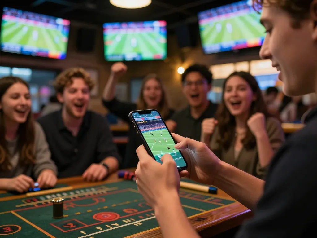Bong88 sports betting excitement as a player places bets on their smartphone in a lively bar