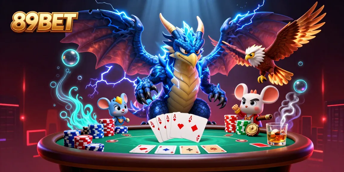 Experience thrilling wins with 89BET in this vibrant 3D casino scene filled with poker excitement.