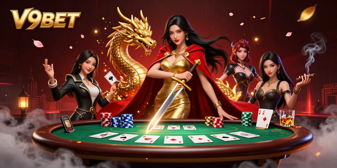 Engage with V9BET at a vibrant casino scene featuring a warrior queen and a golden dragon.