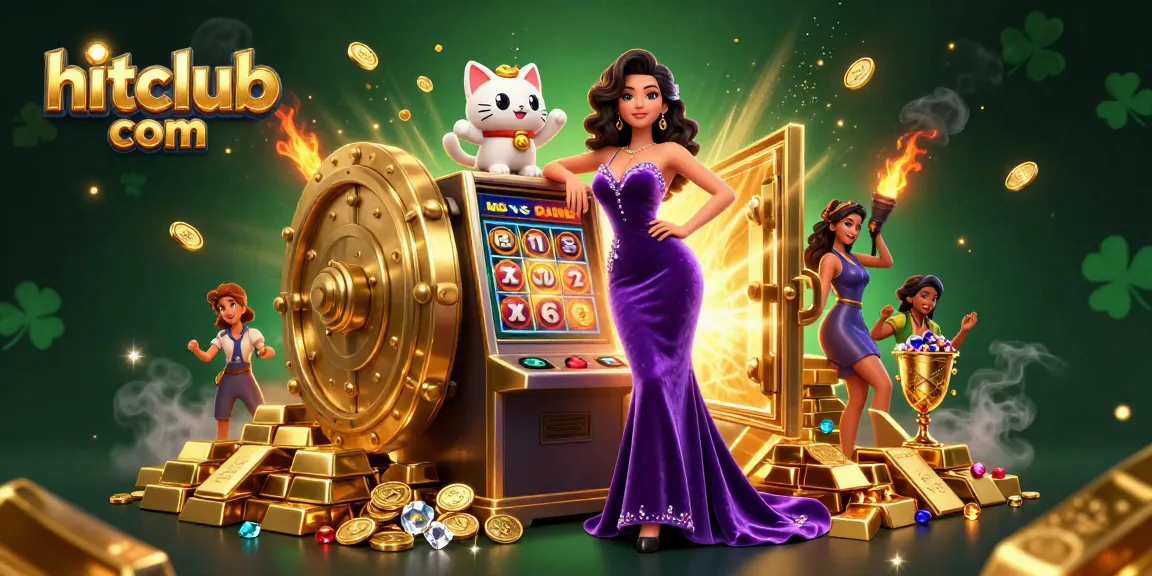 Spin to win big at hitclub com with a glamorous slots scene featuring coins and a lucky cat.