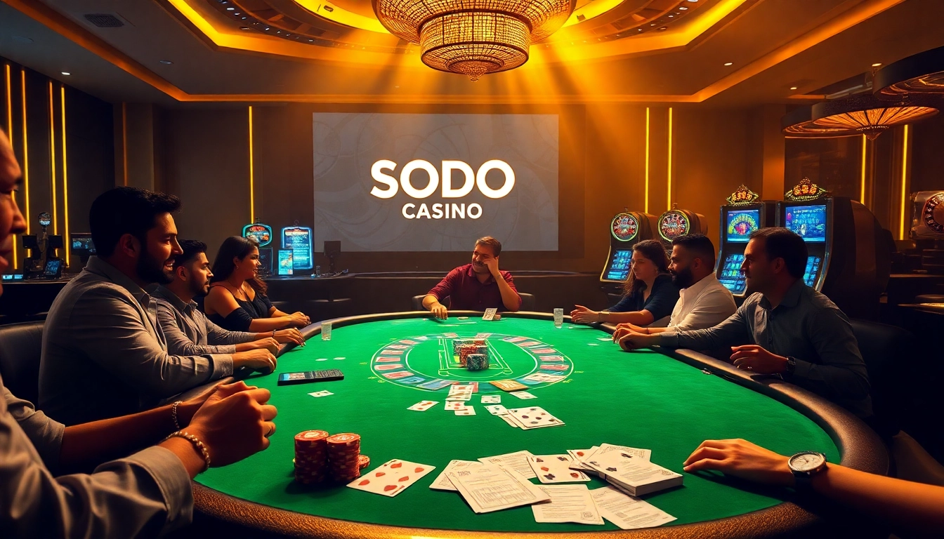 SODO Casino showcases an exciting poker game with players and vibrant gambling elements.