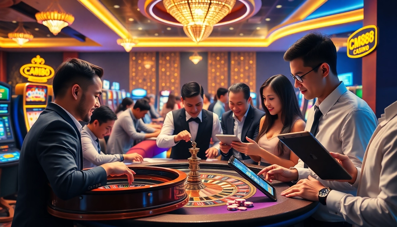 Exciting CM88 gaming experience with players at a casino table, showcasing luxury and engagement.
