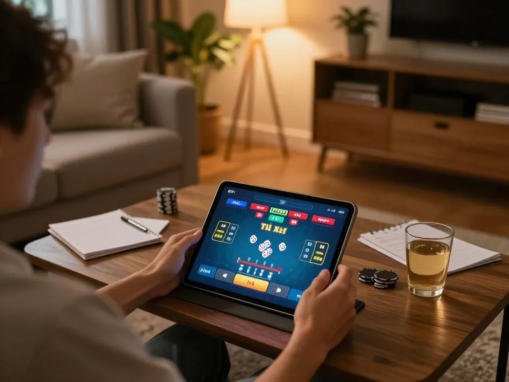 Taking bets in a dynamic tài xỉu online game on a tablet during a cozy home session.