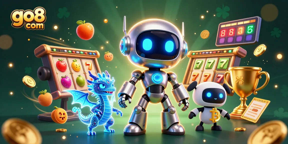 Experience the thrill of gaming at go8 com with vibrant slot reels, robotic mascots, and sparkling jackpots.