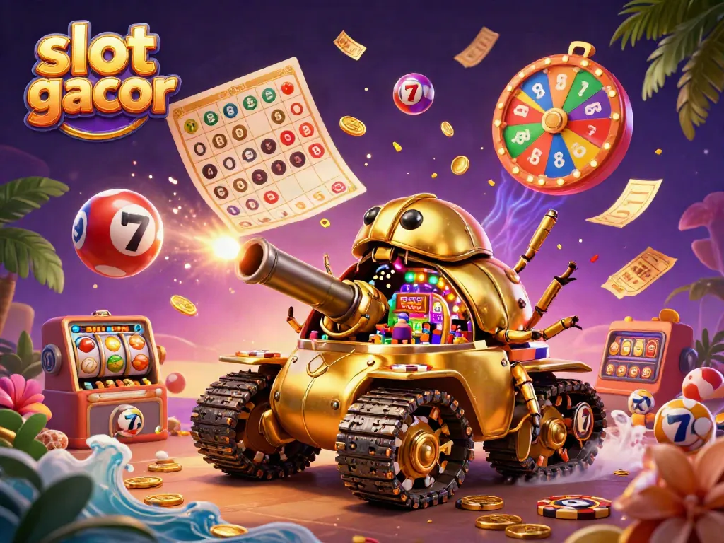 Experience the excitement of slot gacor with a vibrant 3D casino illustration featuring unique game characters and festive elements.