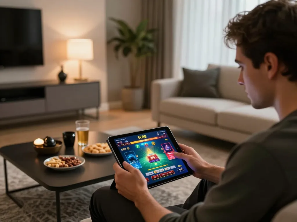 Engaging with SC88 casino app during online gameplay in a cozy home setup
