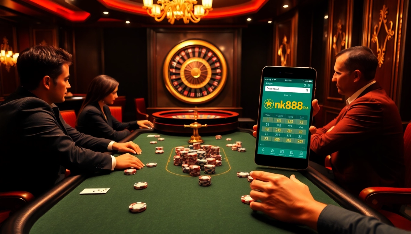 Players enjoying an intense poker game at a luxurious casino with nk88 bet elements.