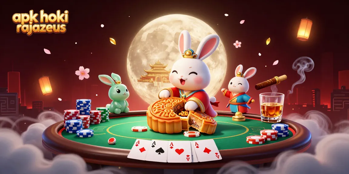 Engage in apk hoki rajazeus gaming with a whimsical scene of mythical rabbits and poker elements.