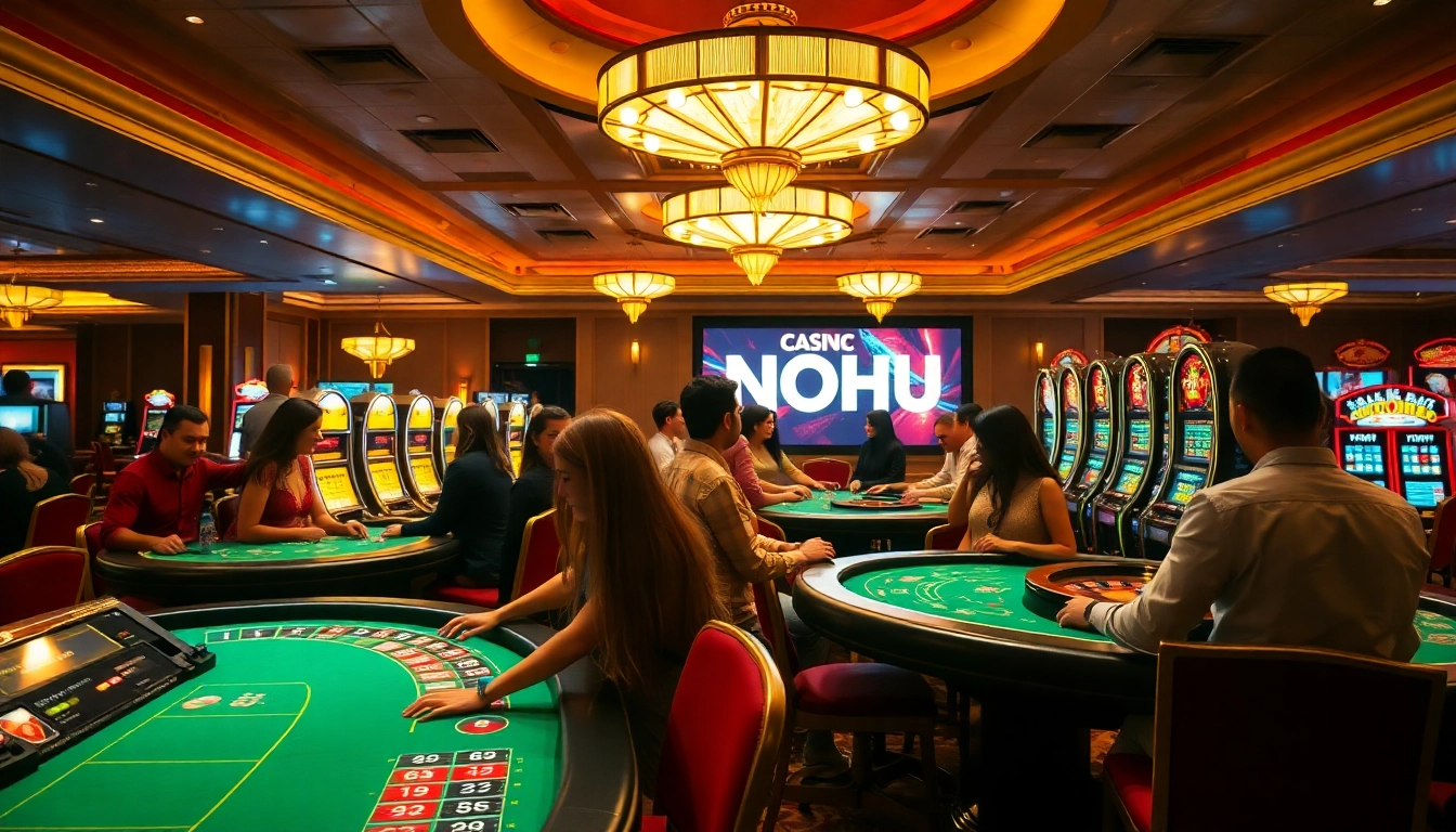 Players engaging with slot machines and poker tables at NOHU, in a vibrant casino atmosphere.