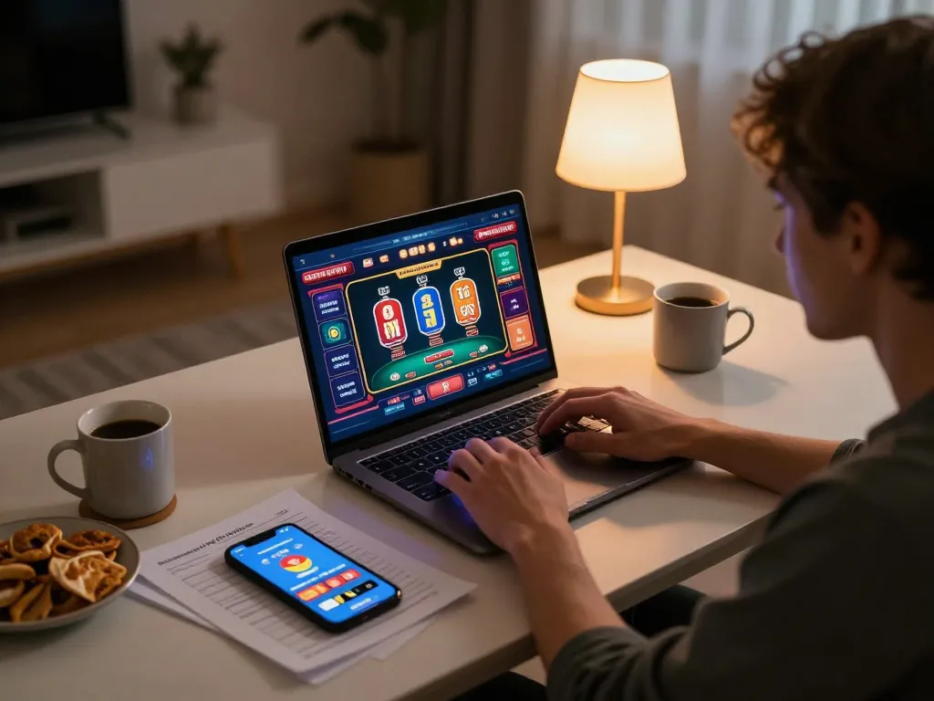 Person playing online casino games at home setup on https://v788.biz/ with laptop and strategy notes.