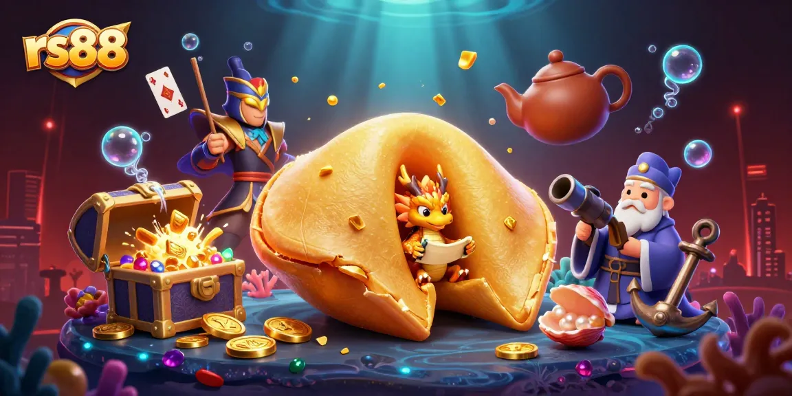 Engage with rs88's vibrant 3D casino scene featuring a golden fortune cookie and dynamic gaming elements.