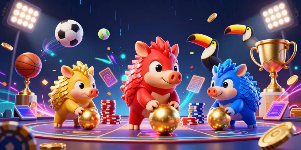 Engaging scene with 23win's pangolin characters bowling chips amidst sports elements and vibrant effects.