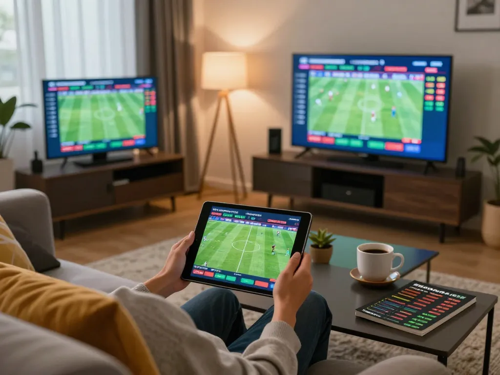 Engaging scene of kèo bóng đá betting on a tablet at home with cozy ambiance and live game updates.