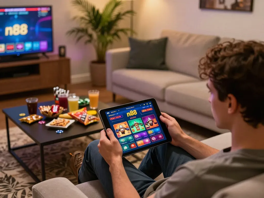 Player engaging with n88 online casino app on tablet, highlighting an immersive gaming experience