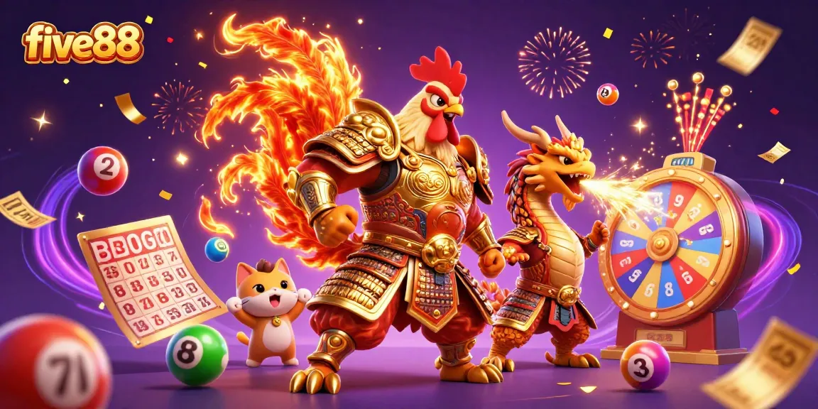 Experience the dynamic world of five88 with a vibrant casino illustration featuring a powerful fighting rooster and dragon.