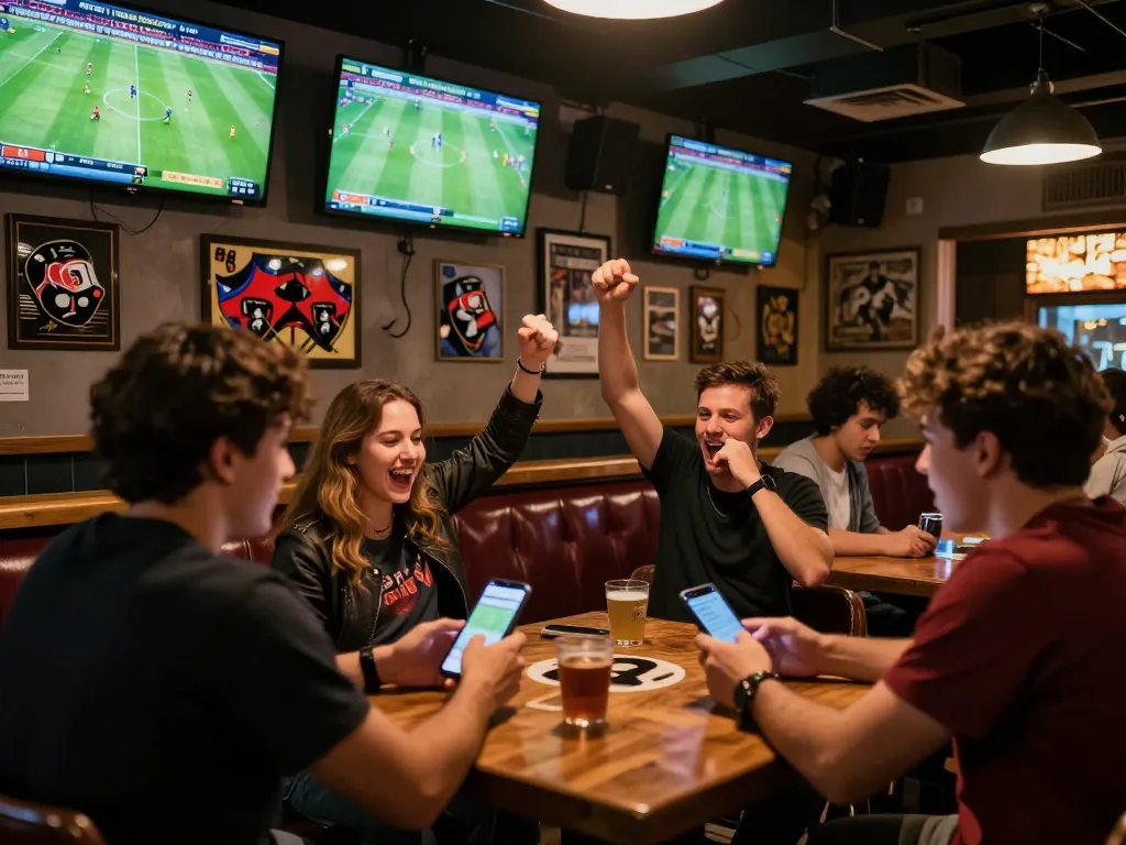 Bongdalu users placing live bets on mobile at a bustling sports bar during major football matches.