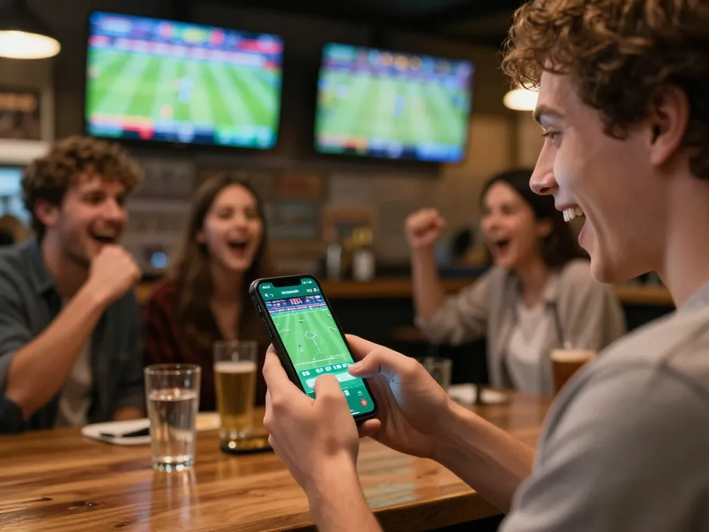 Excited bettor using smartphone at a sports bar while placing bets at nhà cái 11win.