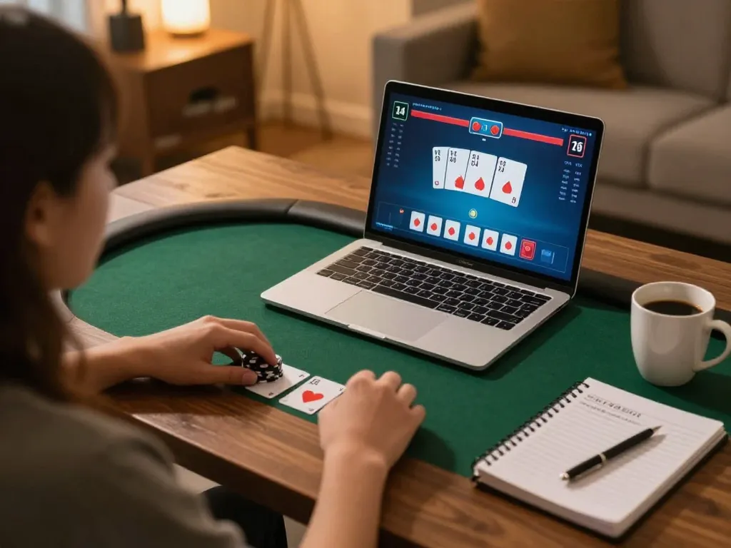Pucuk138 gaming action on laptop showcasing poker strategy in a warm home setting.