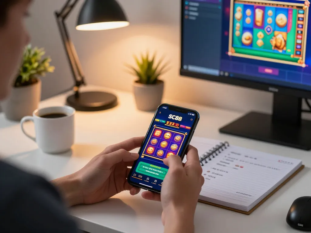 Player enjoying SC88 mobile casino games on a smartphone with strategic notes beside.