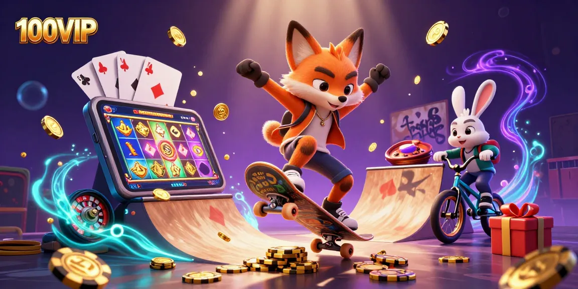 Engage with the thrilling world of 100VIP as cartoon characters skateboard over golden poker chips, filled with casino action.