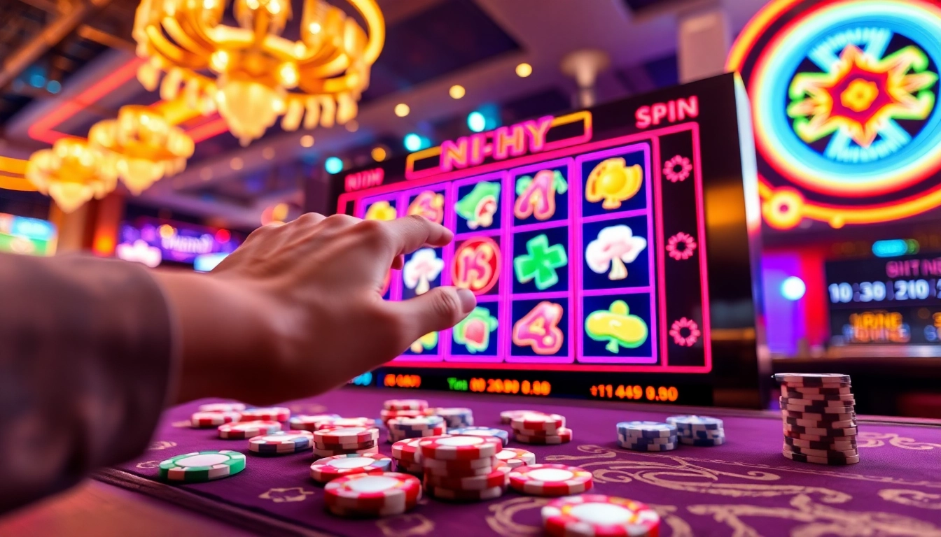 Experience the thrill of nổ hũ with vibrant slot machines and poker chips in a dazzling casino atmosphere.